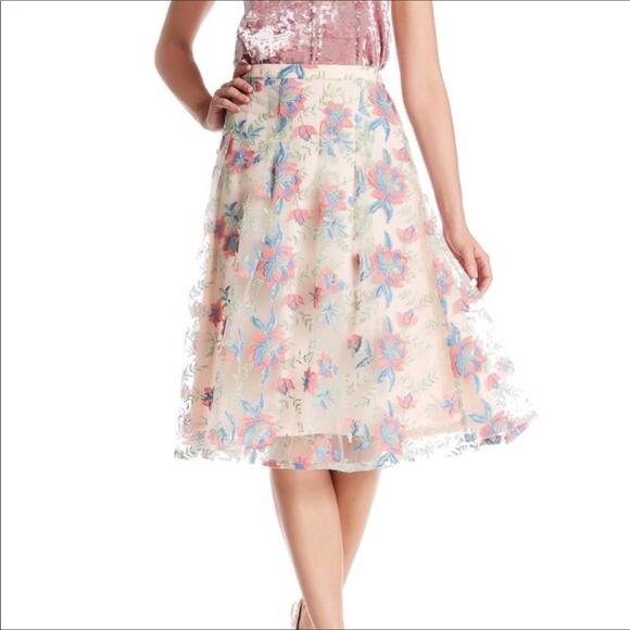 Nanette Lepore NWT Embroidered Pink & Blue Lace Floral Full A-line Skirt 2 - Picture 1 of 7